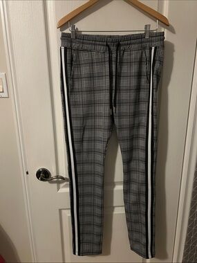 Men's Gray Plaid Joggers with Black & White Side Stripe